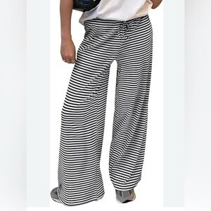 NEW Black & White Striped RIBBED Wide-Leg Pull Up Pants SZ L ELASTIC WAIST BAND